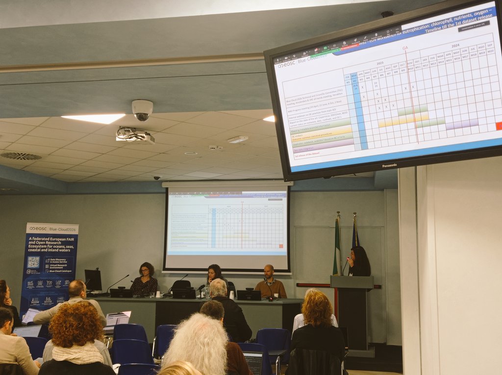 BlueCloudEU's tweet photo. Dominique Obaton @Ifremer_fr &amp; members from @INGVambiente @OGS_IT @ETH explain the technical work behind #workbenches in retrieving data from #marine #datainfrastructures through #metadata &amp; #VREs @d4science thanks to internal cross #skills collaboration😃 https://t.co/4XrhGxgbNC https://t.co/olq4fLRncc