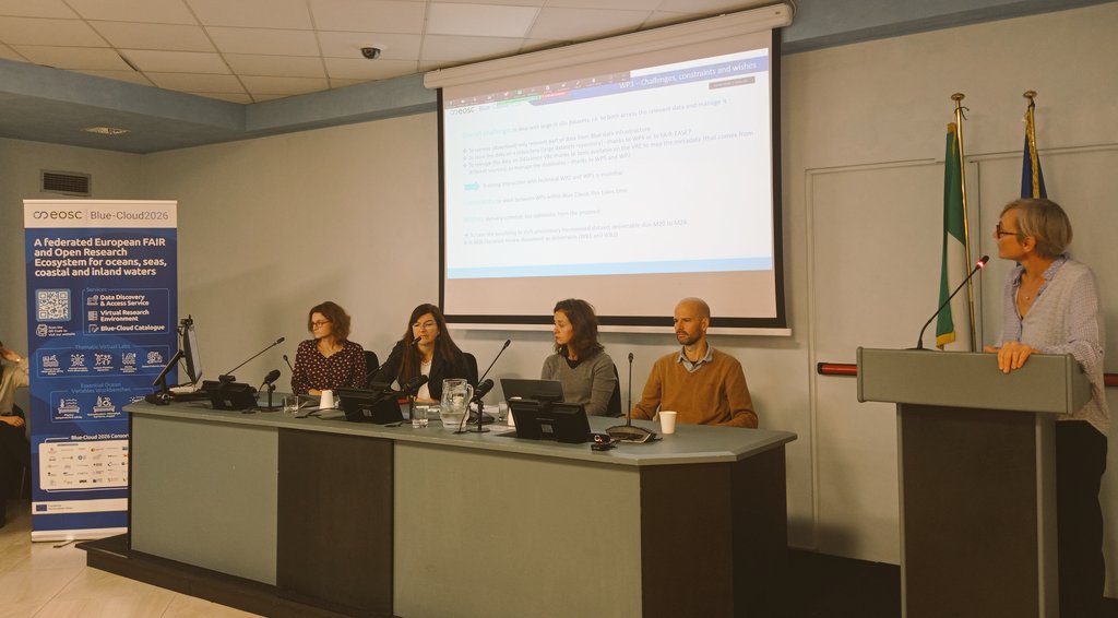 BlueCloudEU's tweet photo. Dominique Obaton @Ifremer_fr &amp; members from @INGVambiente @OGS_IT @ETH explain the technical work behind #workbenches in retrieving data from #marine #datainfrastructures through #metadata &amp; #VREs @d4science thanks to internal cross #skills collaboration😃 https://t.co/4XrhGxgbNC https://t.co/olq4fLRncc