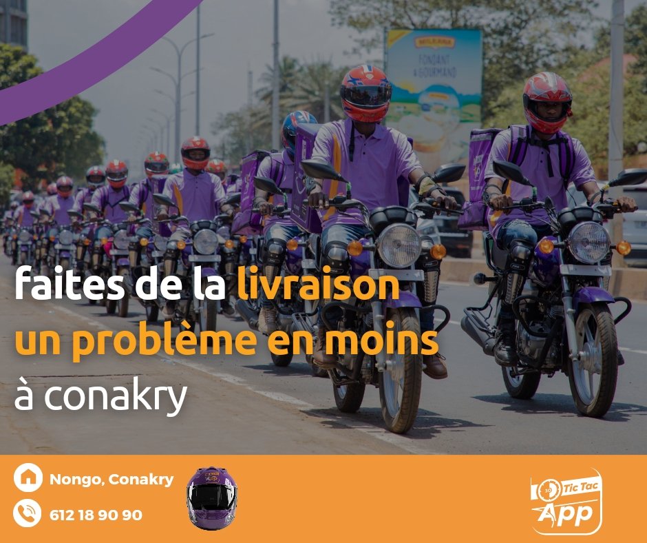 Bonjour

Faites de la livraison un problème en moins partout à conakry grace à Tic-tac app.

Nous ne livrons pas que des biens et services,nous livrons des sourires .
#nouslivronsdessourires #tictactictac
