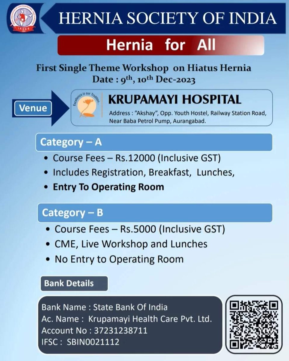 Hernia Society of India is proud to announce this first of its kind workshop, dedicated solely to Hiatus Hernia repairs.

Learn from A to Z of Hiatus Hernia from the best and become a pro!

There is also an exclusive option of entering into the Operating Theatre.
