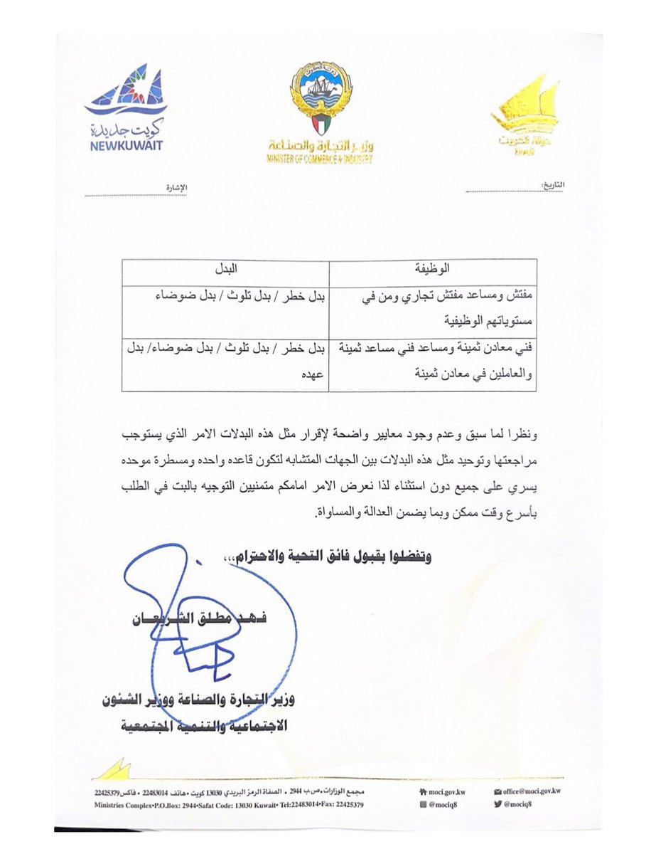 رسالة الى معالي وزير التجارة والصناعة 
السيد/محمد عثمان العيبان 
بعد التحية … 
                        الموضوع : مساواة موظفي وزارة 
                                           التجارة والصناعة بباقي
                                            الوزارات والهيئات
