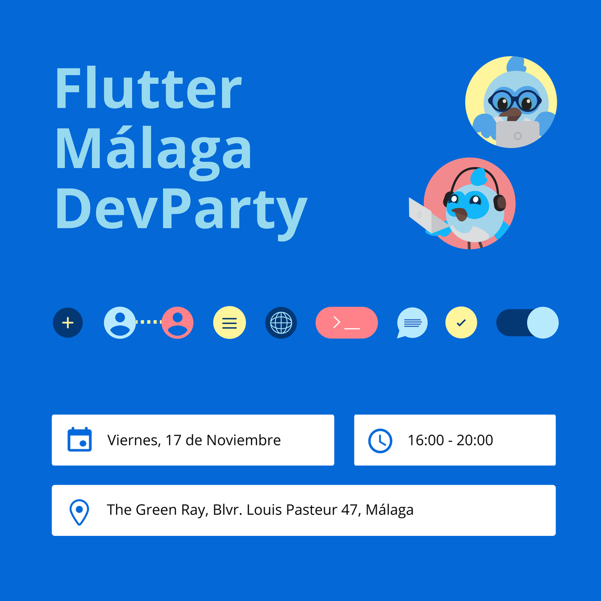 FlutterMalaga's tweet photo. ¿Sabías que se viene una DevParty sobre #Flutter? ¡Aquí mismo, en #Málaga!
El viernes 17 de noviembre, de 16h a 20h, tenemos un evento para la comunidad de Flutter en @thegreen_ray, ¡gracias por cedernos el espacio! 💙💚
#flutterdev #fluttermeetupnetwork https://t.co/wlhiyctzhI