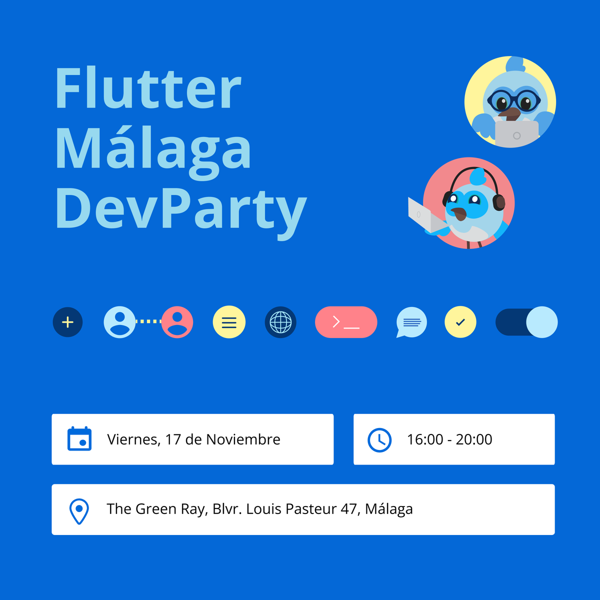 ¿Sabías que se viene una DevParty sobre #Flutter? ¡Aquí mismo, en #Málaga!

El viernes 17 de noviembre, de 16h a 20h, tenemos un evento para la comunidad de Flutter en @thegreen_ray, ¡gracias por cedernos el espacio! 💙💚

#flutterdev #fluttermeetupnetwork