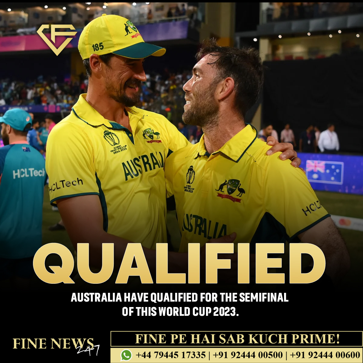 FineNews247's tweet photo. Pat Cummins and Co. are in the semi-finals of the 2023 World Cup.🏆🏏🤟
.
.
.
#Cricket #PatCummins #ODIWorldCup2023 #AUSvAFG #INDvsNED #GTA6 #GoLocalWithDD #ShubmanGill #GlenMaxwell #ICCRankings #1ODI #NoModiNovember #CaptainMiller #TouchingTouching #SushmitaSen #No1 https://t.co/Zhq1GPBAuC