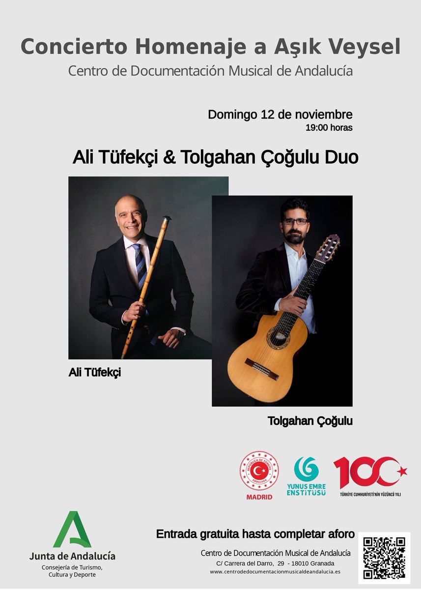 Türkiye ile İspanya arasındaki kültürel bağları güçlendirmeye devam ediyoruz. Vefatının 50. yılında Aşık Veysel anısına değerli sanatçılarımız <a href="/alitufekcitu/">Ali Tüfekçi</a> ve <a href="/tolgahancogulu/">Tolgahan Çoğulu</a> 'nun ney ve mikrotonal gitar konseri 12 Kasım'da Granada'da <a href="/CDMAndalucia/">CDMAndalucia</a>'da gerçekleştirilecektir.