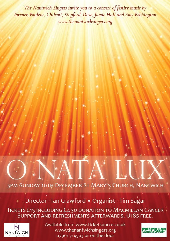 Excited to announce the Nantwich Singers concerts! Come along and listen to some fantastic music sung buy some fabulous singers. Featuring O Nata Lux by @JWHallBaritone which is part of #choirsagainstcancer a very worthy cause to raise funds for.