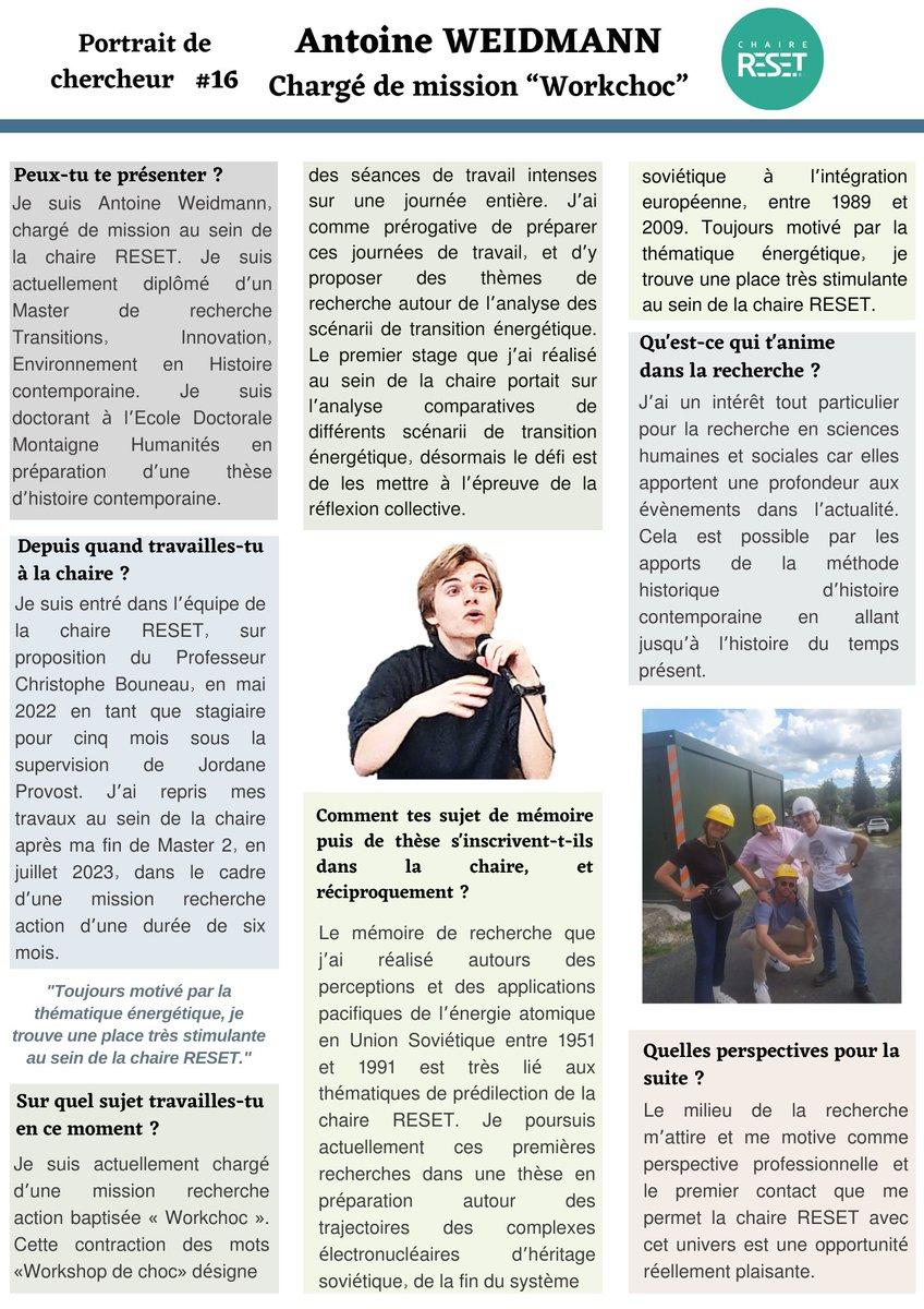 La <a href="/ChaireReset/">Chaire RESET</a>  continue de vous présenter ses jeunes chercheurs et chercheuses !

Aujourd'hui, Antoine Weidmann, doctorant à l'Ecole doctorale de l'<a href="/UBMontaigne/">Université Bordeaux Montaigne</a>, en mission recherche action avec la Chaire depuis juillet 2023 ! 

<a href="/fondationbxuniv/">Fondation Bordeaux Université</a> <a href="/Cemmc33/">Cemmc</a> <a href="/rte_france/">RTE</a>