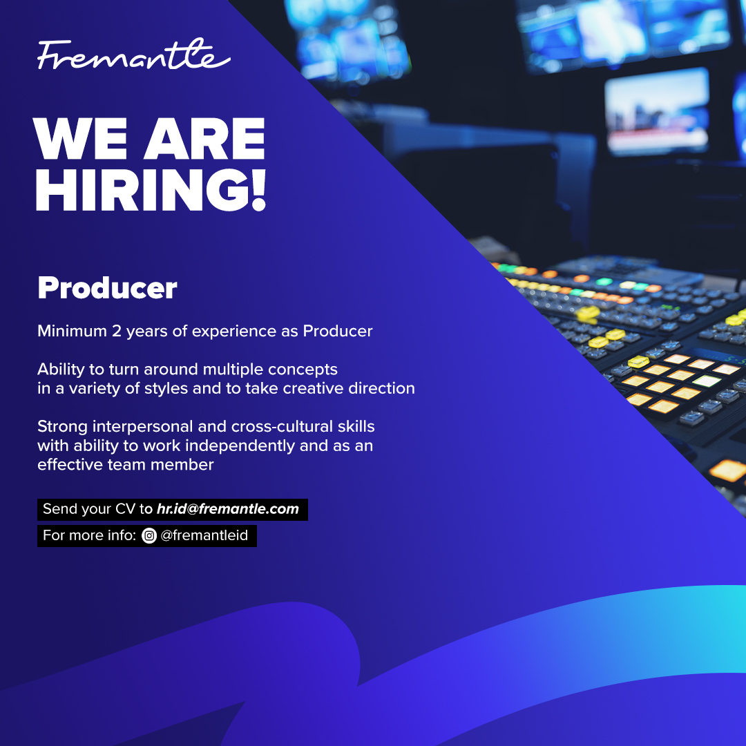 Fremantle_ID's tweet photo. Join our team now💡

We are hiring for the roles of:
▪️Executive Producer
▪️Producer
▪️Production Assistant

Interested ones please drop your CV at hr.id@fremantle.com 📩

#FremantleID #JobAlert #JobVacancy #Recruiting #Hiring #ExecutiveProducer #Producer #ProductionAssistant https://t.co/X0ziuh82f3