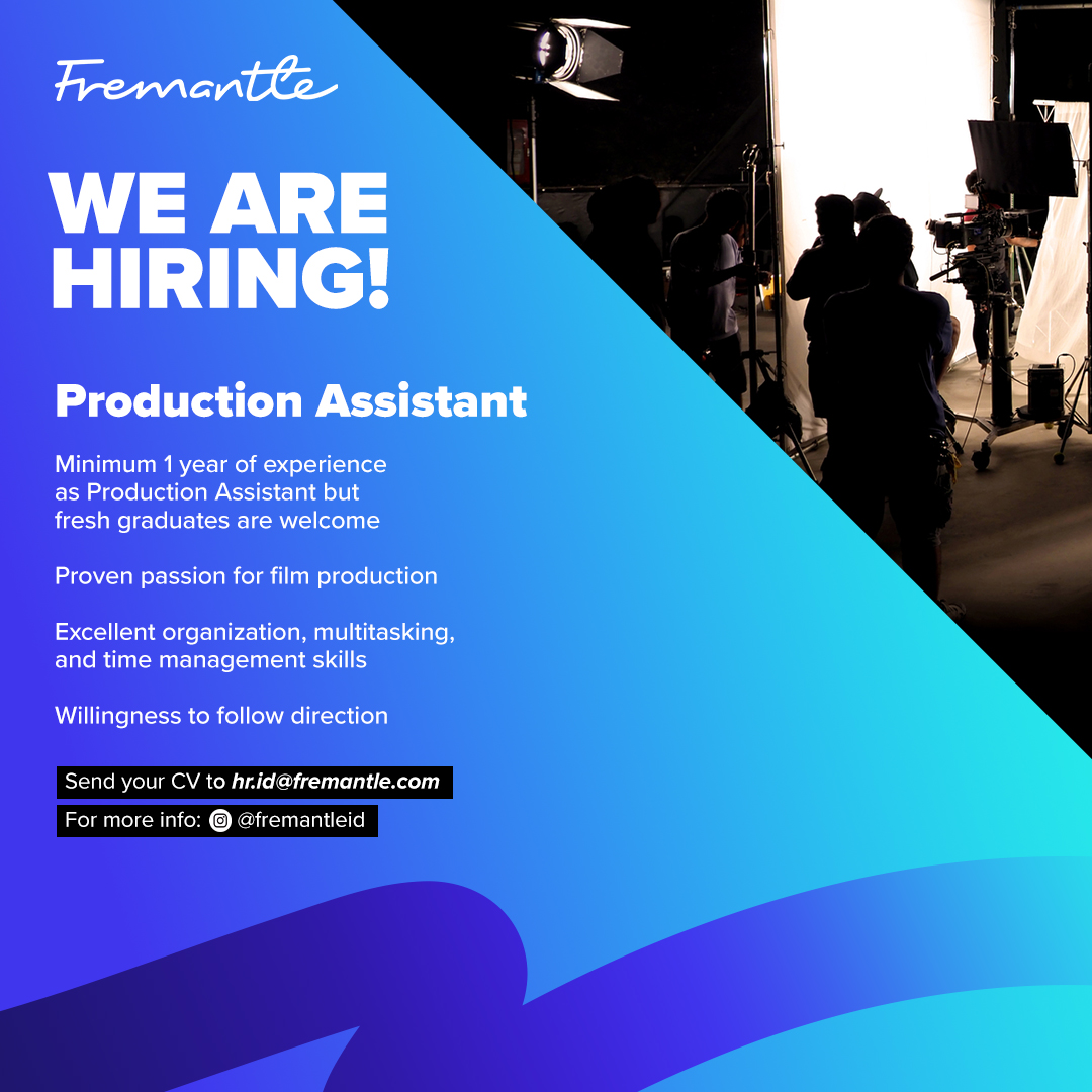Fremantle Indonesia (@fremantle_id) on Twitter photo Join our team now💡
We are hiring for the roles of:
▪️Executive Producer
▪️Producer
▪️Production Assistant
Interested ones please drop your CV at hr.id@fremantle.com 📩
#FremantleID #JobAlert #JobVacancy #Recruiting #Hiring #ExecutiveProducer #Producer #ProductionAssistant Join our team now💡
We are hiring for the roles of:
▪️Executive Producer
▪️Producer
▪️Production Assistant
Interested ones please drop your CV at hr.id@fremantle.com 📩
#FremantleID #JobAlert #JobVacancy #Recruiting #Hiring #ExecutiveProducer #Producer #ProductionAssistant