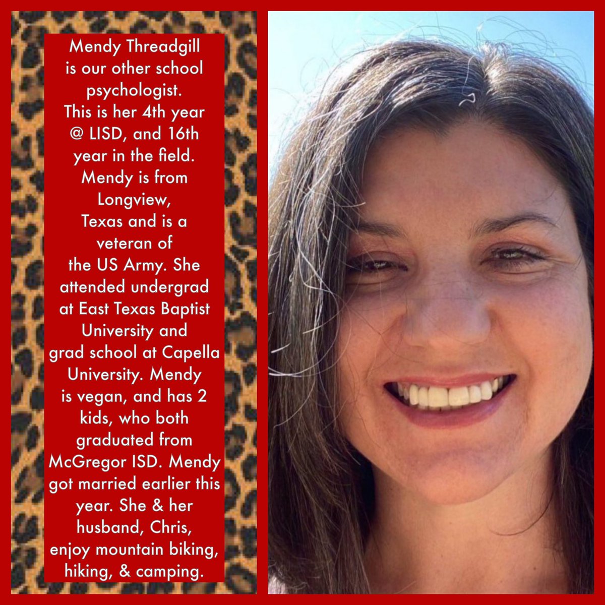 LeopardLSSP's tweet image. Get to know your school psych staff, segment 2 of 3: @LorenaISD @Lorena_Elem @LHS_Leopards @LorenaPrimary @Lorena_Middle