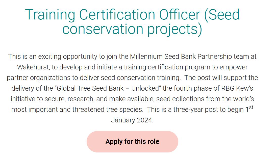 Another opportunity to join the excellent Global Tree Seed Bank programme team at the MSB, this time for a training certification officer. Please share!

careers.kew.org/vacancy/traini…