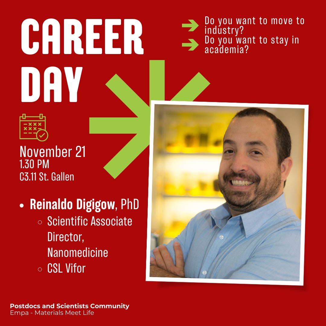 Postdocs_Empa40's tweet image. Reinaldo Digigow, Ph.D., who works as Scientific Associate Director at CSL Vifor will be a speaker in our Carrer Day. He has worked in both big pharma companies and in startups. You don&apos;t want to miss his story! #CareerDevelopment