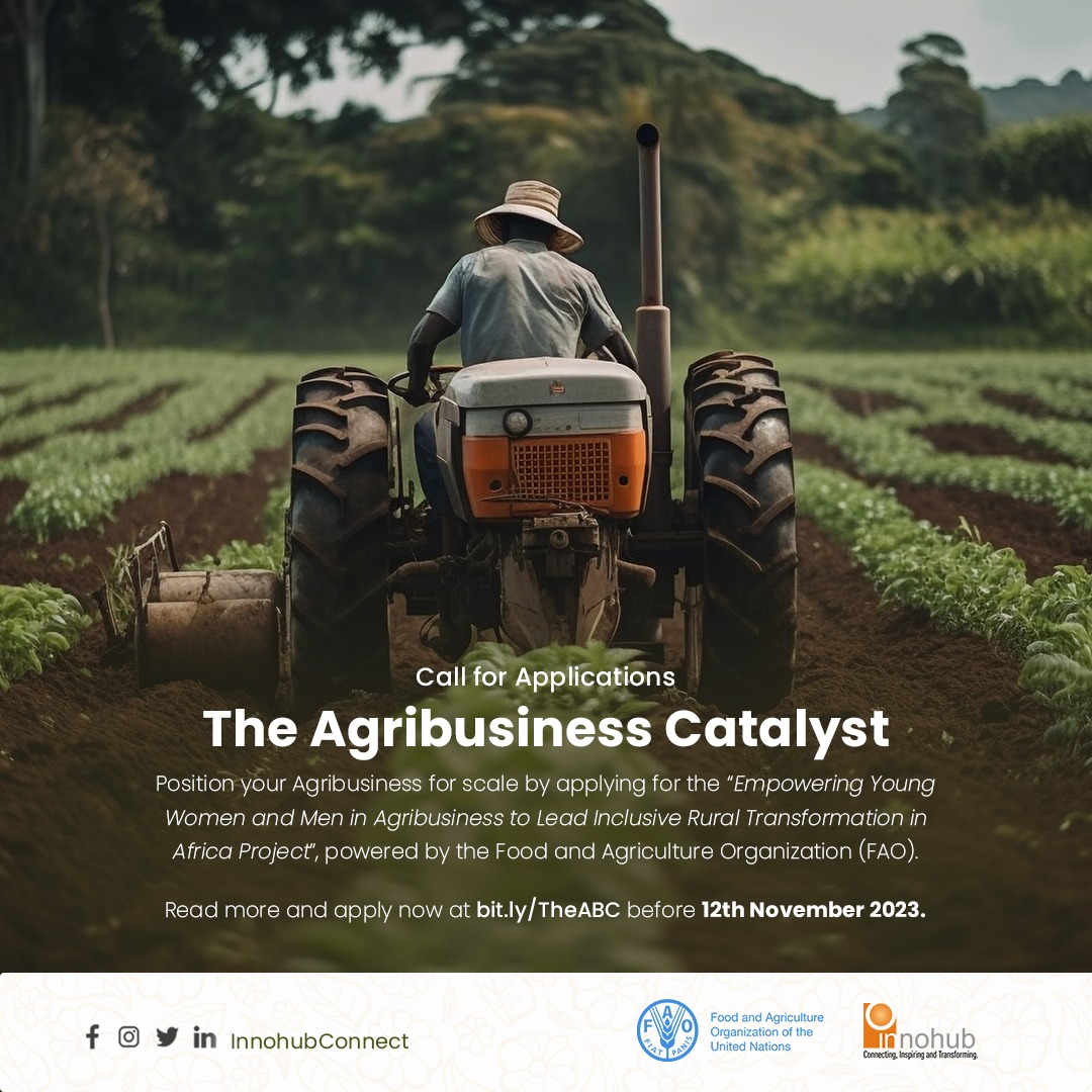 Young agripreneurs of #Ghana🇬🇭, the stage is yours!
Join <a href="/FAOAfrica/">FAO in Africa</a> &amp; <a href="/InnohubConnect/">Innohub</a> to power up your agribusinesses. Training, mentorship, financial support &amp; more await you!🌱

Don’t miss out ➡️ bit.ly/TheABC 
Apply by November 12! 🚜
