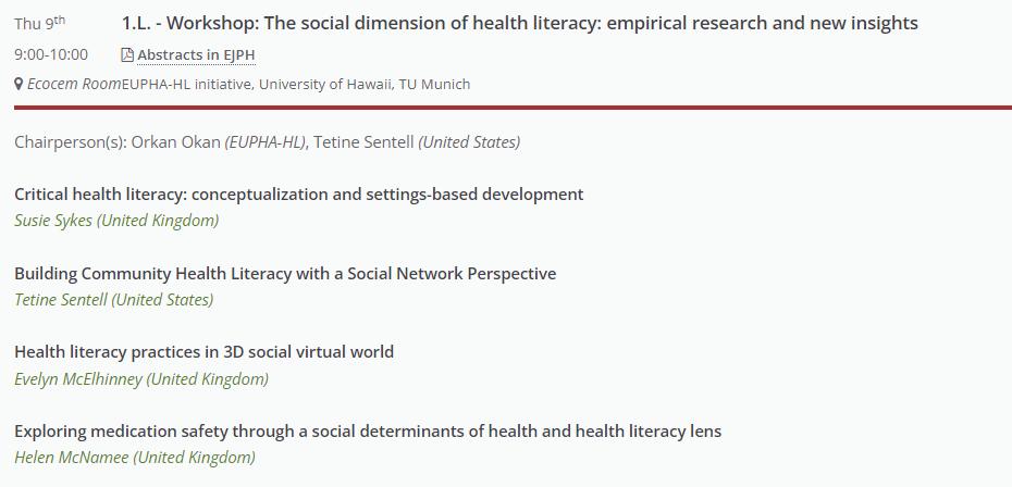 Excited to be presenting in a #healthliteracy workshop <a href="/EPHconference/">EPH Conference</a> tomorrow with <a href="/susie_sykes_/">Susie Sykes</a> <a href="/evmcelhinney/">Dr Evelyn McElhinney PhD, RN (she/her)</a> <a href="/SentellTetine/">Tetine Sentell</a> @orkanokan_  If you're attending #EPH2023.  We're workshop 1.L at 9am.   @EUPHA_HL Looking forward to the other presentations and making connections