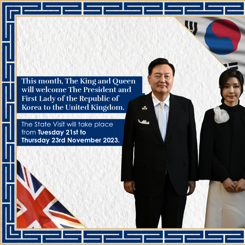 RoyalFamily's tweet photo. 🇰🇷🇬🇧 The President of the Republic of Korea, His Excellency Yoon Suk Yeol, accompanied by Mrs Kim Keon Hee, will pay a State Visit to the United Kingdom as the guest of His Majesty The King from 21st to 23rd November 2023.