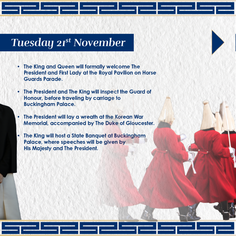 RoyalFamily's tweet photo. 🇰🇷🇬🇧 The President of the Republic of Korea, His Excellency Yoon Suk Yeol, accompanied by Mrs Kim Keon Hee, will pay a State Visit to the United Kingdom as the guest of His Majesty The King from 21st to 23rd November 2023.