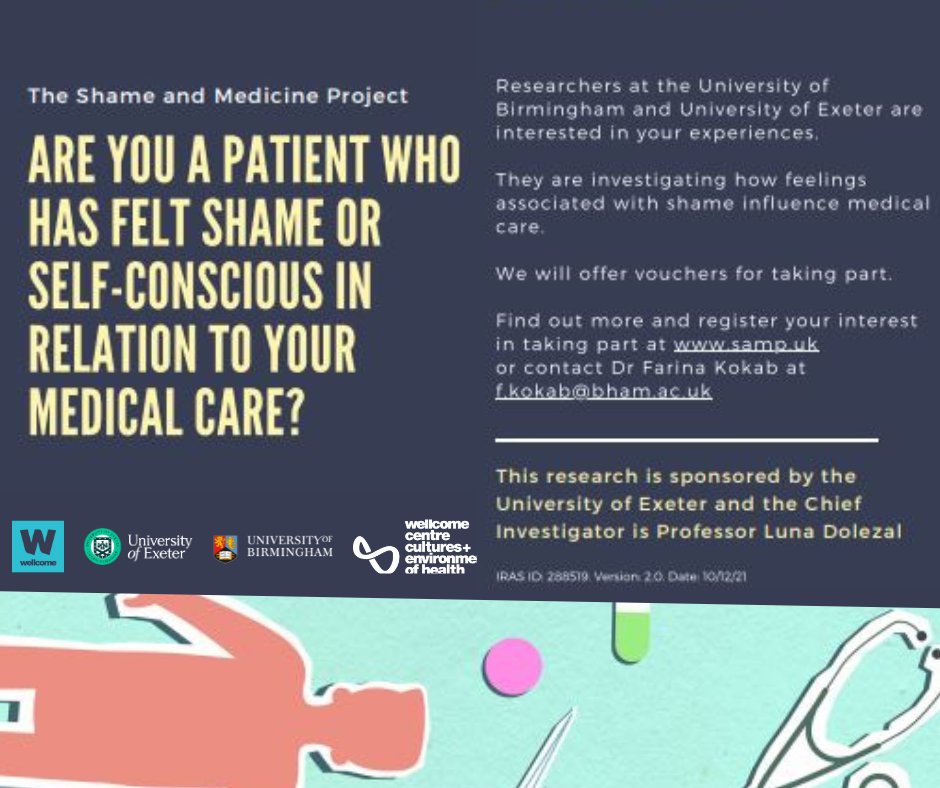 We need your help. Looking for #patients who have felt #shame or #selfconscious in relation to their medical care. For more info samp.uk or contact f.kokab@bham.ac.uk #patientcare #patientexperience #shameandmedicine