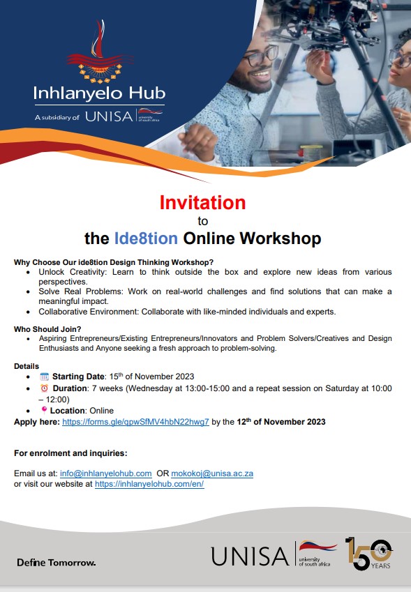 Invitation to the Ide8tion Online Workshop. 

Apply: forms.gle/qpwSfMV4hbN22h…
Visit the website: inhlanyelohub.com/en/