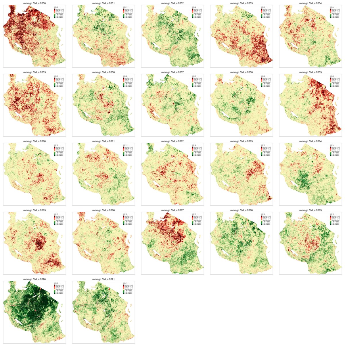 #30DayMapChallenge 
Day 8: Africa

Standardized Vegetation Index (SVI) is an index of the relative vegetation condition compared to the years being analyzed based on NDVI.

Here's a map of SVI in Tanzania between 2000 and 2021.