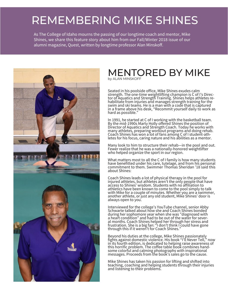 As The College of Idaho mourns the passing of our longtime coach and mentor, Mike Shines, we share this feature story about him from our Fall/Winter 2018 issue of our alumni magazine, Quest, written by longtime professor Alan Minskoff. Also on our website:
collegeofidaho.edu/news/quest-201…
