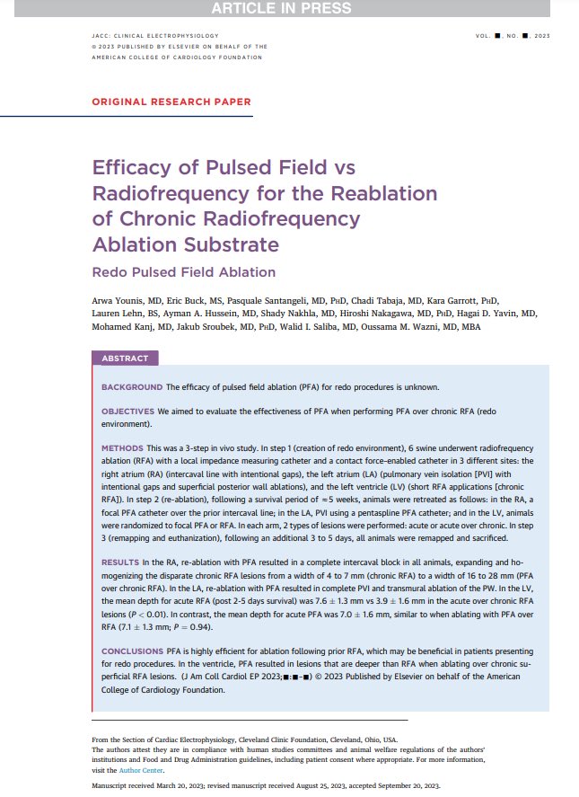 📌How does PFA perform in redo ablations after chronic RF ablation? Proud to share that our preclinical work lead by our star fellow @arwayounis2 and the excellent mentorship @omwazni was just published in @JACCJournals @CleClinicHVTI #Epeeps jacc.org/doi/10.1016/j.…