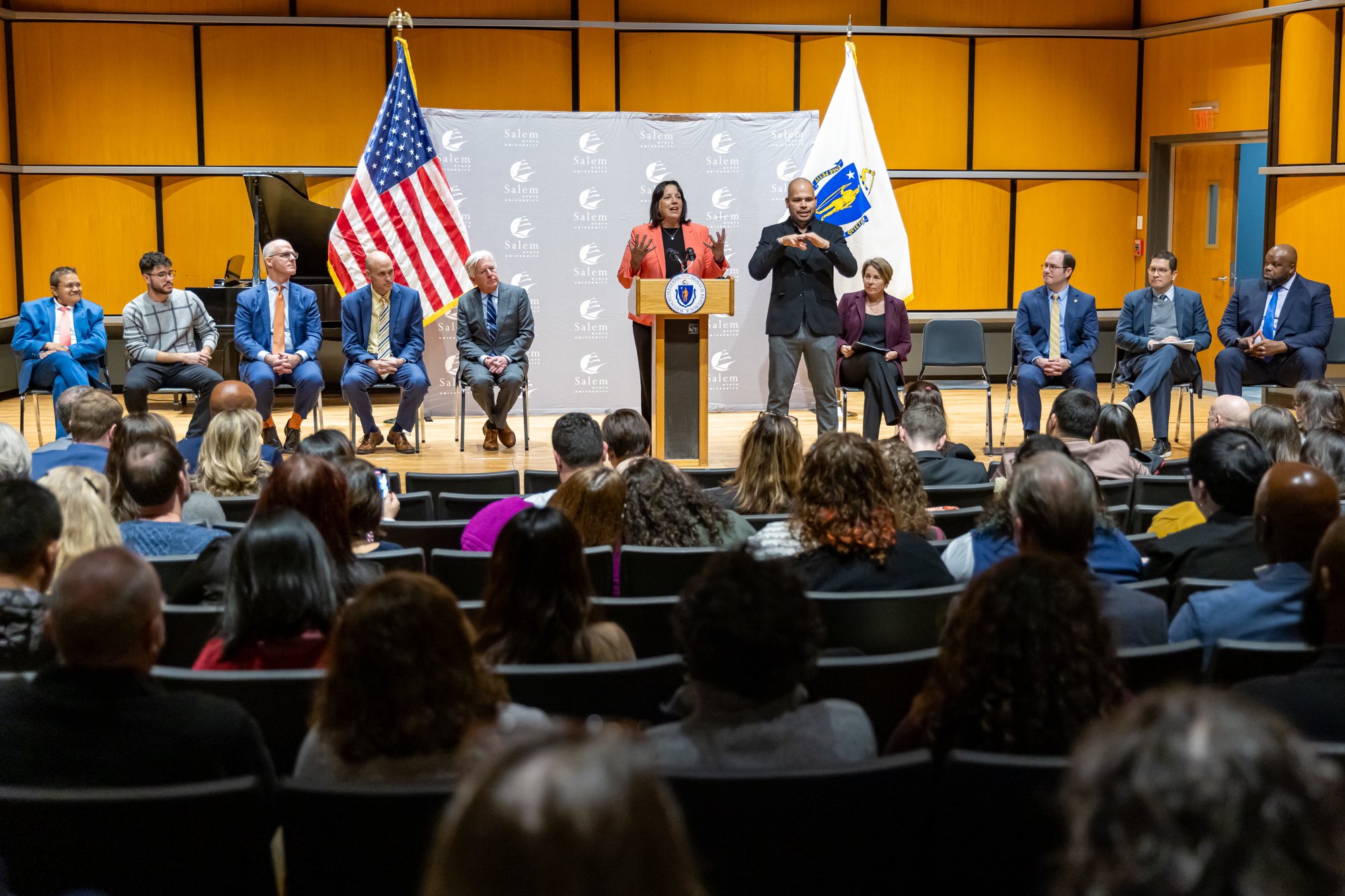 Lieutenant Governor Driscoll at podium at Salem State University.