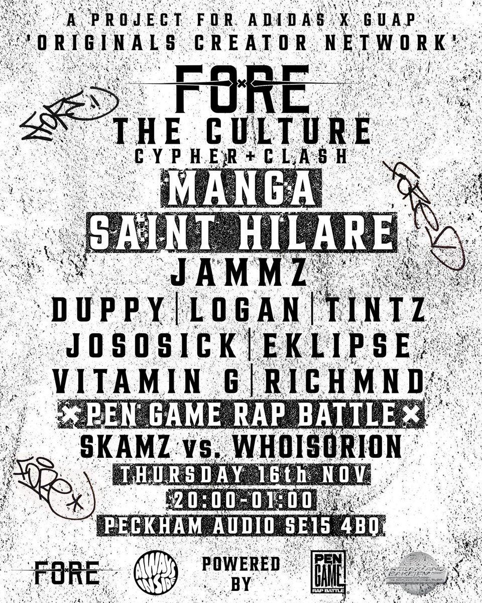 Catch me hosting the @pengameuk rap battle at FORE The Culture tomorrow - 

Big WING on deckles + bars from @MangaStHilare 
@Jammz 
@LOGAN_OLM 
@blacklike_tintz 
@mreklipse 
@ArtisticDuppy 

+ more 

I think there might be tickets left still: eventbrite.co.uk/e/fore-the-cul…