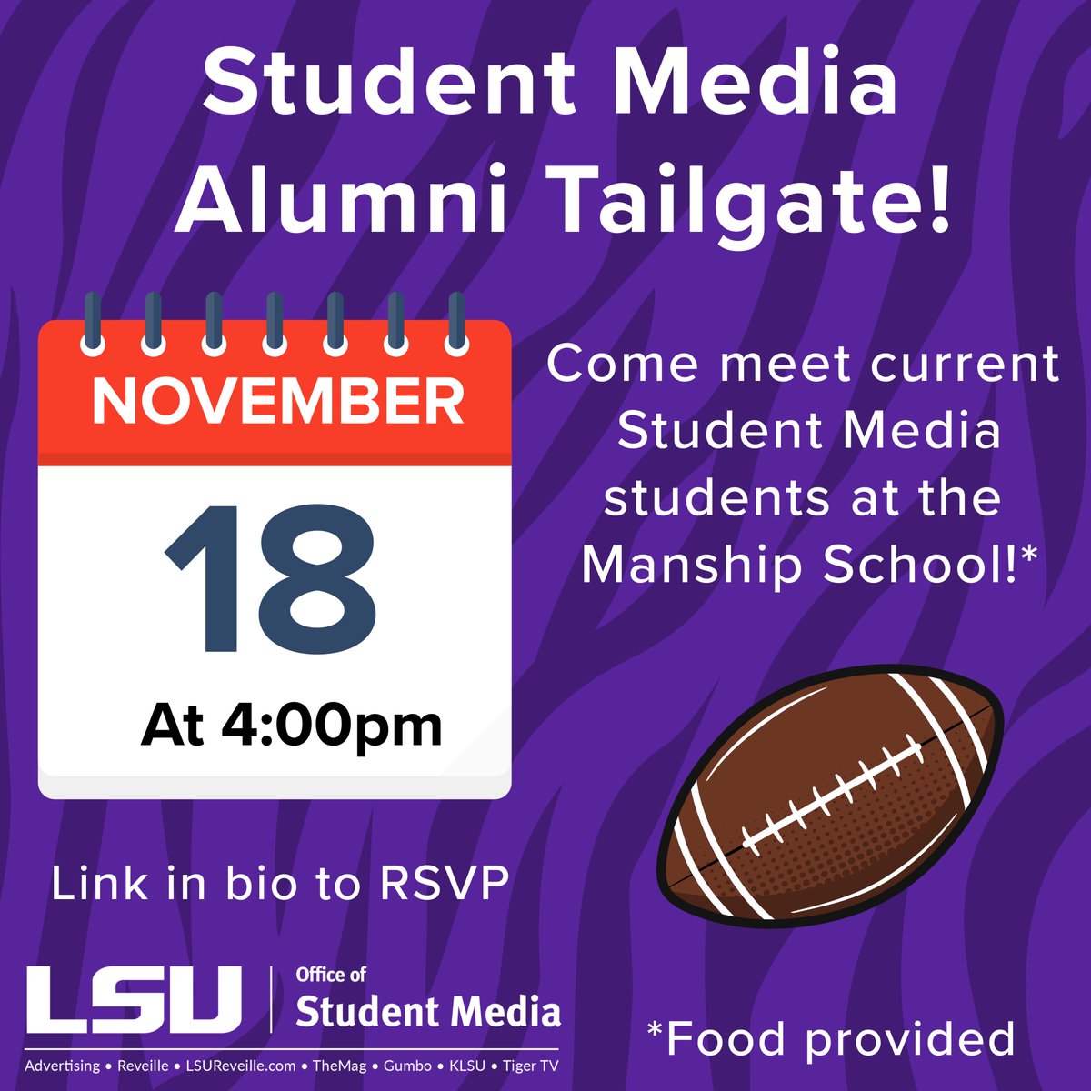 ManshipSchool's tweet photo. LSU Student Media Alumni: We want to see you this Saturday at the Student Media Alumni Tailgate! Interact with current Student Media editors, reporters, designers, writers, photographers and more!
📍Date: Saturday, November 18
📍Time: 4 p.m.
📍Location: Journalism Building
📍RSVP: https://t.co/6yXGbXH6TO
