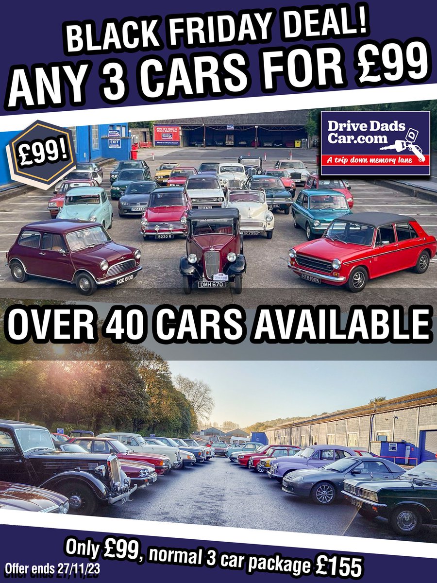 🖤#BlackFridayDeal🖤

This Drive Dad’s Car Bundle means you can drive ANY 3 cars from the driving fleet and get complimentary entry to the attraction- <a href="/car_british/">Great British Car Journey</a>! 

The perfect, unique and nostalgic #ChristmasGift…

Find out more or purchase here: drivedadscar.com/product/3-cars…