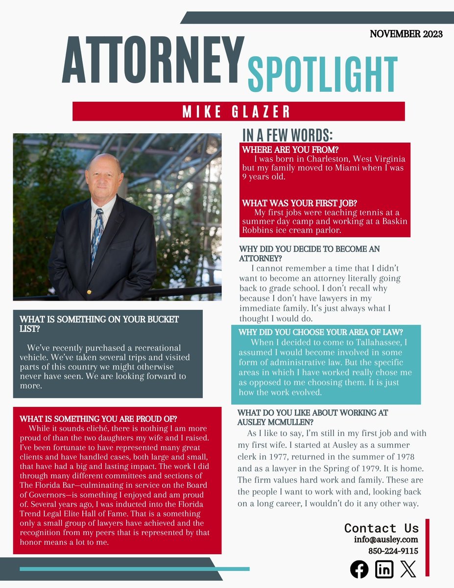 This month we are pleased to spotlight Michael Glazer. 
Find more here: ausley.com/attorneys/mich…

#floridalawfirm #tallahassee #AttorneySpotlight #healthcarelaw #AdministrativeLaw #litigation