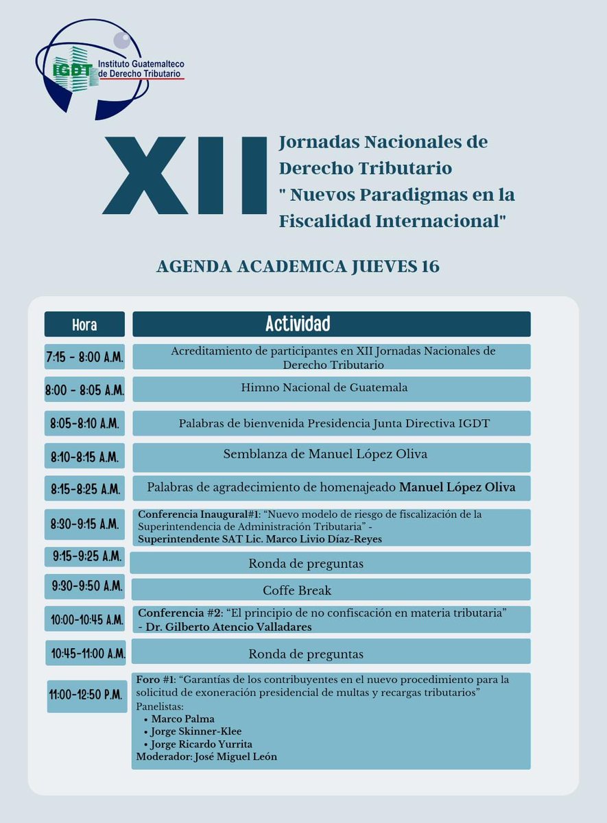 _IGDT's tweet photo. Te compartimos nuestra agenda académica de nuestras XII Jornadas Nacionales de Derecho Tributario 

Tendremos varias conferencias de sumo interés y foros con conferencistas Nacionales e internacionales

¡¡No te lo pierdas!!
16 y 17 de noviembre en Centro de convenciones Épica https://t.co/q2NfqHIU77