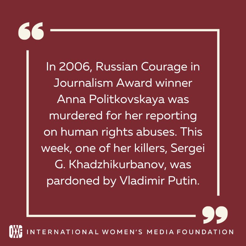 IWMF's tweet photo. We are outraged to learn that 2002 #IWMFCourage Award winner Anna Politkovskaya’s murderer has been pardoned. This unjust blow to #pressfreedom reinforces Russia’s dedication to impunity for crimes against journalists. https://t.co/OrEopBYmiT