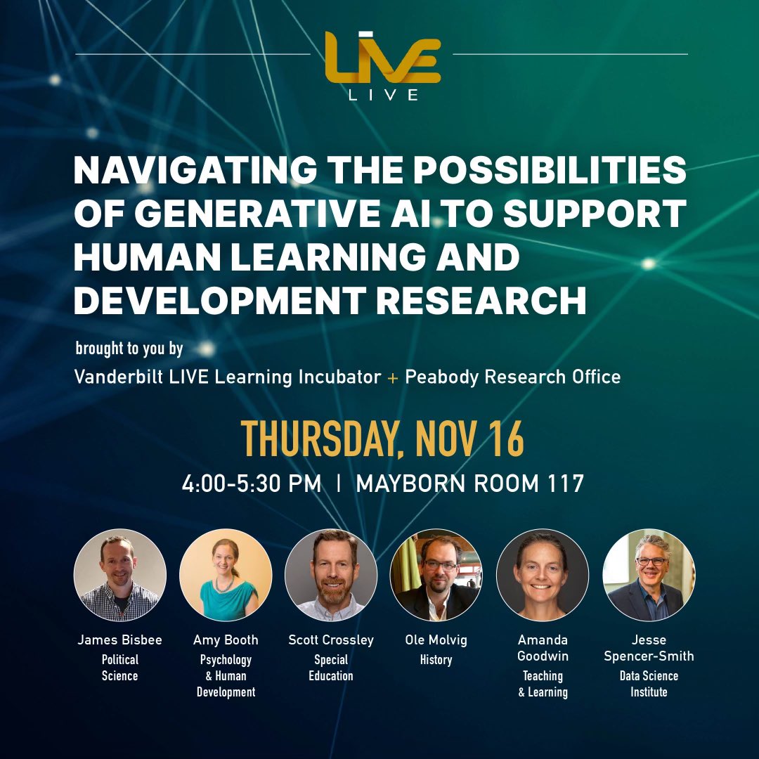 vupeabody's tweet photo. Tomorrow, join Vanderbilt’s LIVE and the Peabody Research Office for a conversation about using generative AI to augment research on human learning &amp; development. This event is open to the Vanderbilt community! 

Register for the event by using this link: https://t.co/a1fbTXDp4b https://t.co/yCeECXsqAP