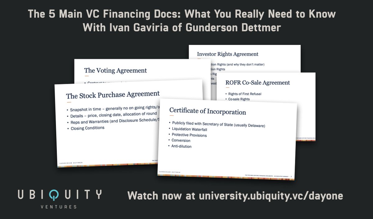 Sunil Nagaraj (@sunilnagaraj) on Twitter photo Our latest <a href="/UbiquityVC/">Ubiquity Ventures</a> video breaks down the 5 main VC financing documents with <a href="/IvanGaviria/">Ivan</a> of <a href="/GundersonLaw/">Gunderson Dettmer</a> - uvlegal ubqt.vc/p/the-5-main-v…
#founders #venturecapital #Legal #funding #startups Our latest <a href="/UbiquityVC/">Ubiquity Ventures</a> video breaks down the 5 main VC financing documents with <a href="/IvanGaviria/">Ivan</a> of <a href="/GundersonLaw/">Gunderson Dettmer</a> - uvlegal ubqt.vc/p/the-5-main-v…
#founders #venturecapital #Legal #funding #startups