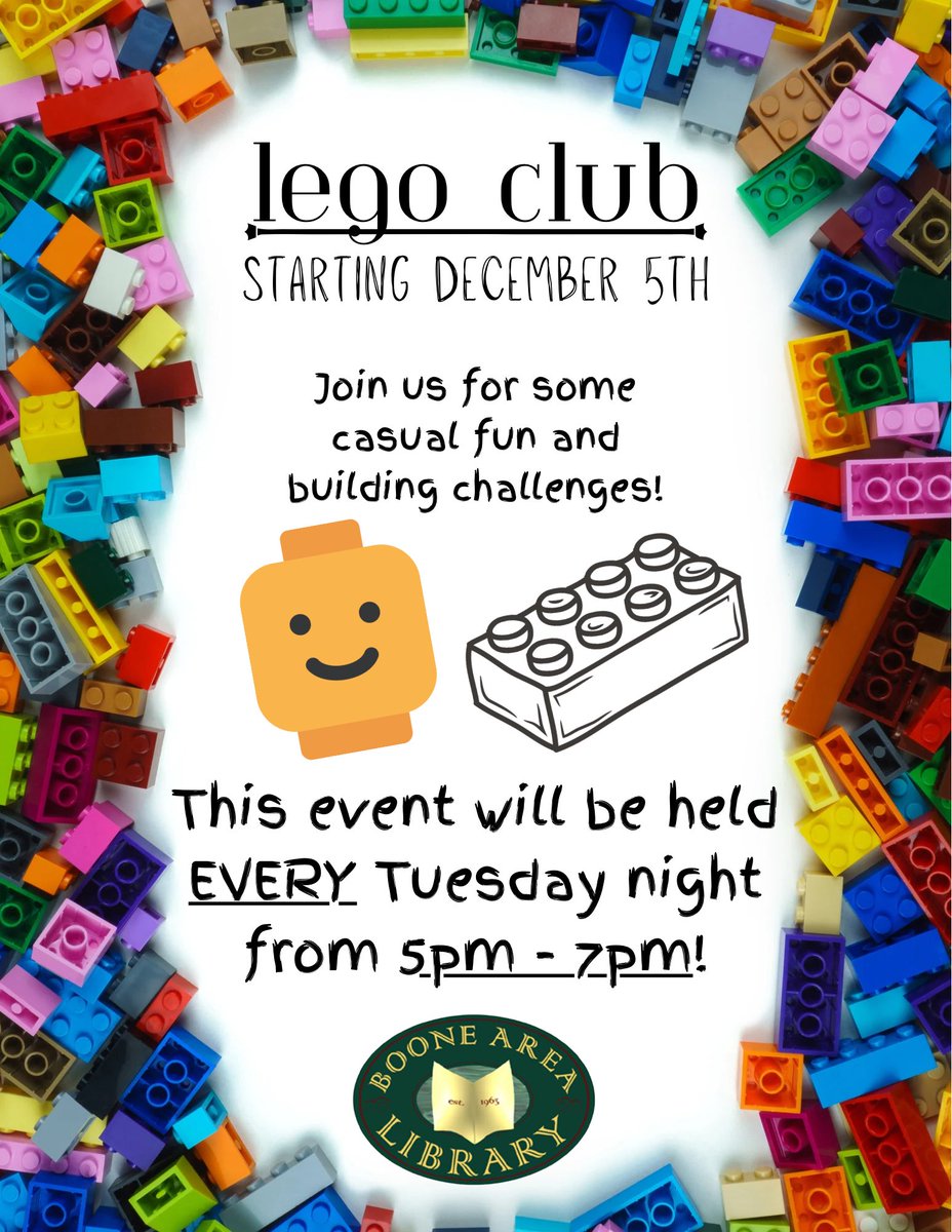BooneAreaLib's tweet image. Our Lego Club will be held every Tuesday from 5pm-7pm starting December 5th! All are welcomed, can’t wait to see you there!
