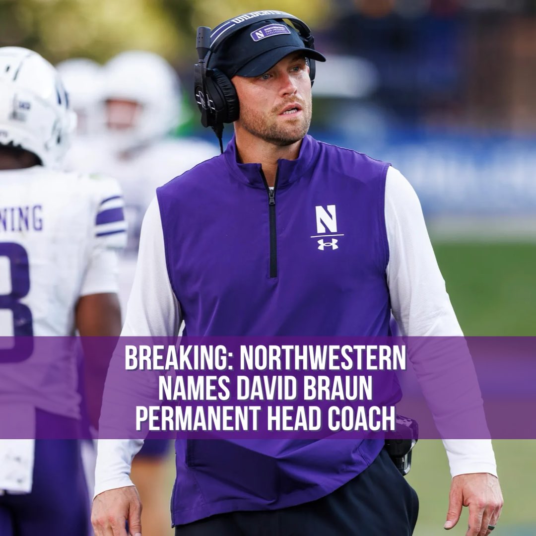 Northwestool's tweet image. Per @PeteThamel, Northwestern has named David Braun the permanent head coach, stripping the interim tag from his title.

Braun has the Wildcats sitting at 5-5 after a 1-11 season followed by a tumultuous offseason for the program.

Congrats to Braun. He earned this.