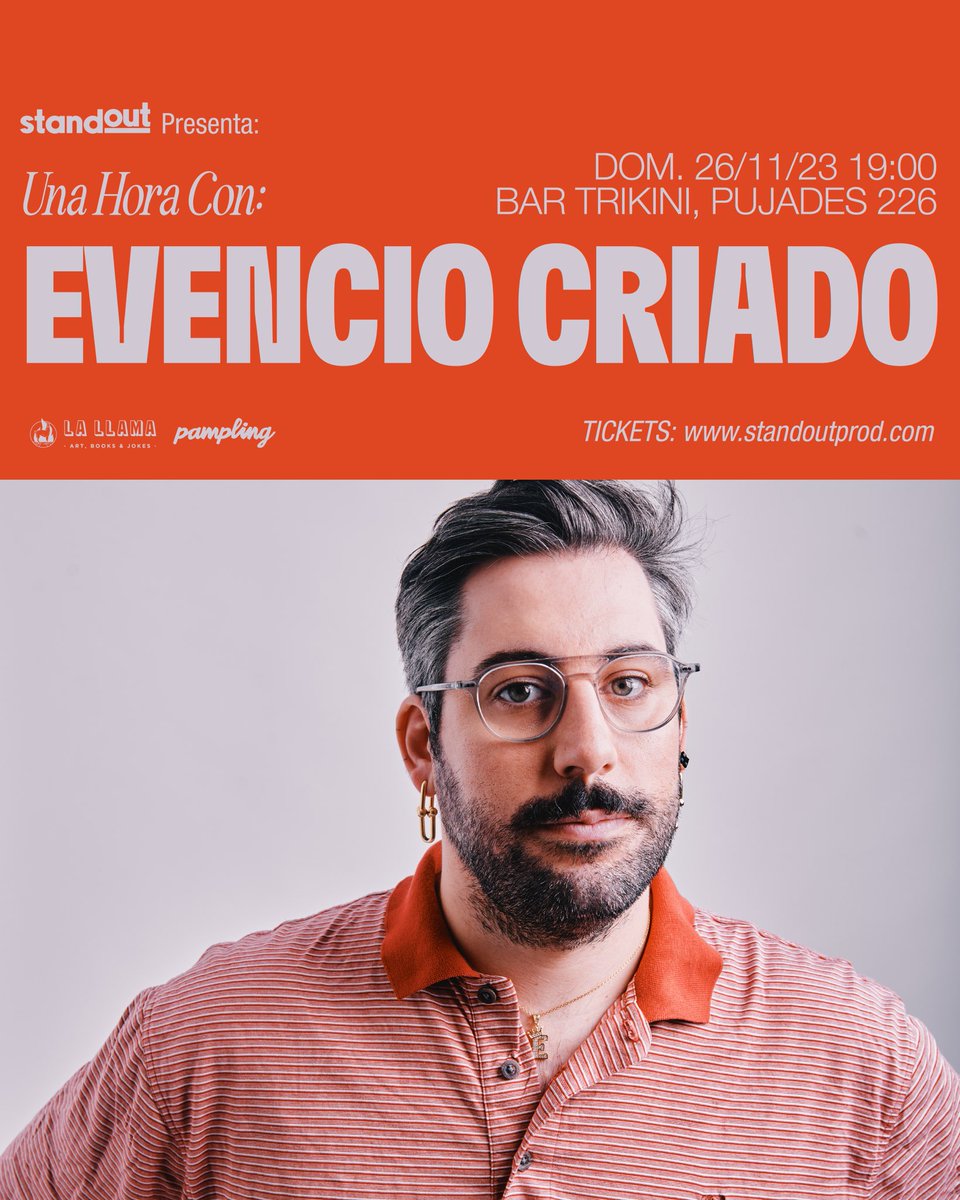 standoutprods's tweet photo. Una hora con: Evencio Criado 🤓

🗓 Domingo 26 a las 19:00 en el bar Trikini (C/ Pujades 226)

🎟 Entradas anticipadas: https://t.co/Vy2F7NJjgY https://t.co/3pNjlHXVFC