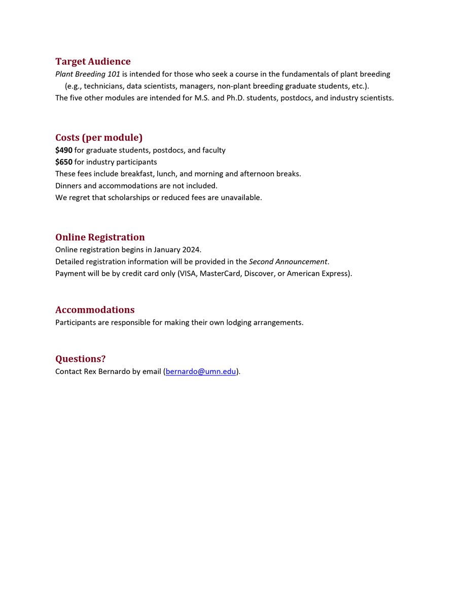 We are pleased to announce that the 2024 Summer Institute in Plant Breeding will be held next 10-14 June in Saint Paul. See modules and cost details below.
Email plantbreed@umn.edu with any questions!
Online registration begins in January 2024.
#PBCsummerinstitute🌱🧬