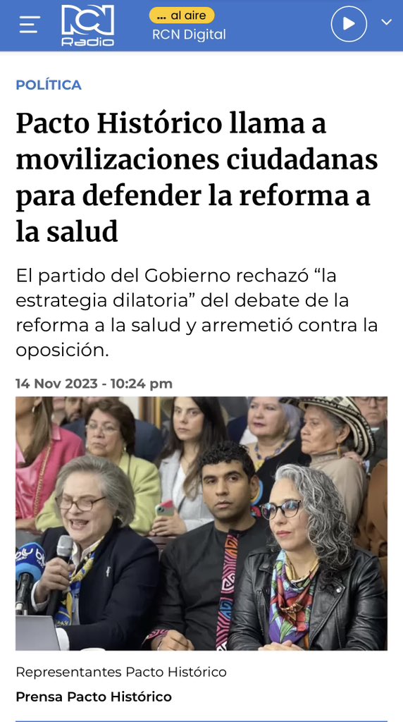 AlirioUribeMuoz's tweet photo. 📻 #EnPrensa #RCNRadio Pacto Histórico llama a movilizaciones ciudadanas para defender la reforma a la salud.

El partido del Gobierno rechazó “la estrategia dilatoria” del debate de la reforma a la salud y arremetió contra la oposición. 

El Pacto Histórico manifestó su molestia por lo que consideraron es un saboteo de los partidos de oposición y algunos independientes a la reforma a la salud en la Plenaria de la Cámara de Representantes. 

Por medio de un comunicado, esta bancada afirmó que este proyecto es uno de los más consultados y concertados de la historia del legislativo en Colombia, brindando garantías de participación a todos los sectores.... 

Seguir Leyendo... https://t.co/JpUEzsDaoI

#ReformaALaSalud 

@infopresidencia @ClaraLopezObre @petrogustavo @PactoHistorico