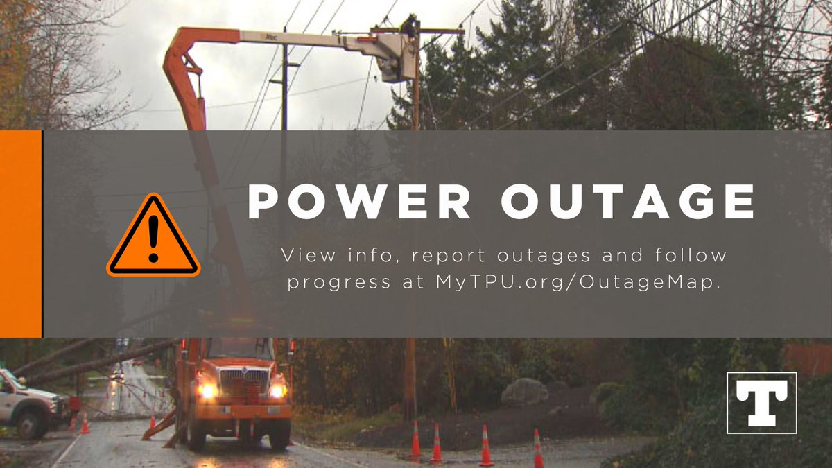 We're aware of a widespread power outage impacting over 23,000 customers and are working to gather more information. Our crews are investigating the cause and working to restore power as quickly and safely as possible. Follow restoration efforts at MyTPU.org/OutageMap.