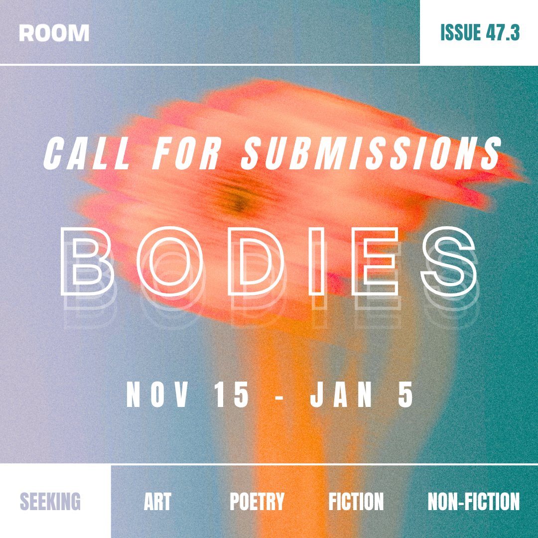 Writers and artists of marginalized genders: tell us about the pleasures and pains of the flesh 🌊

Seeking works about touch &amp; isolation, trans &amp; queer embodiment, fat liberation, chronic illness &amp; disability, &amp; more:

roommagazine.com/call-for-submi…