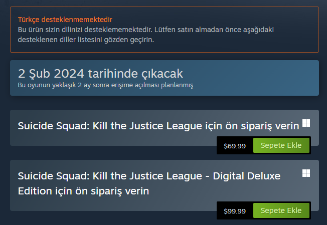 Suicide Squad: Kill the Justice League - Digital Deluxe Edition, Epic'te ön siparişte şu an ücretsiz. 🔸Oyun, Steam için Türkiye pazarında ön siparişe açık olmasa da, Amerika'da 70 dolar gözüküyor ve Digital Deluxe Edition ise 100 dolar.