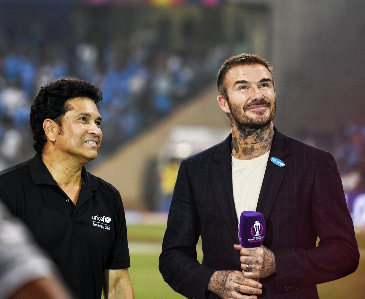 ck_thanseer's tweet photo. UNICEF Goodwill Ambassadors, Sachin Tendulkar and David Beckham look on prior to the ICC Men's Cricket World Cup India 2023 Semi Final match between India and New Zealand at Wankhede Stadium  in Mumbai. Photo 📸 : @ck_thanseer https://t.co/q2Dyq3jyPS