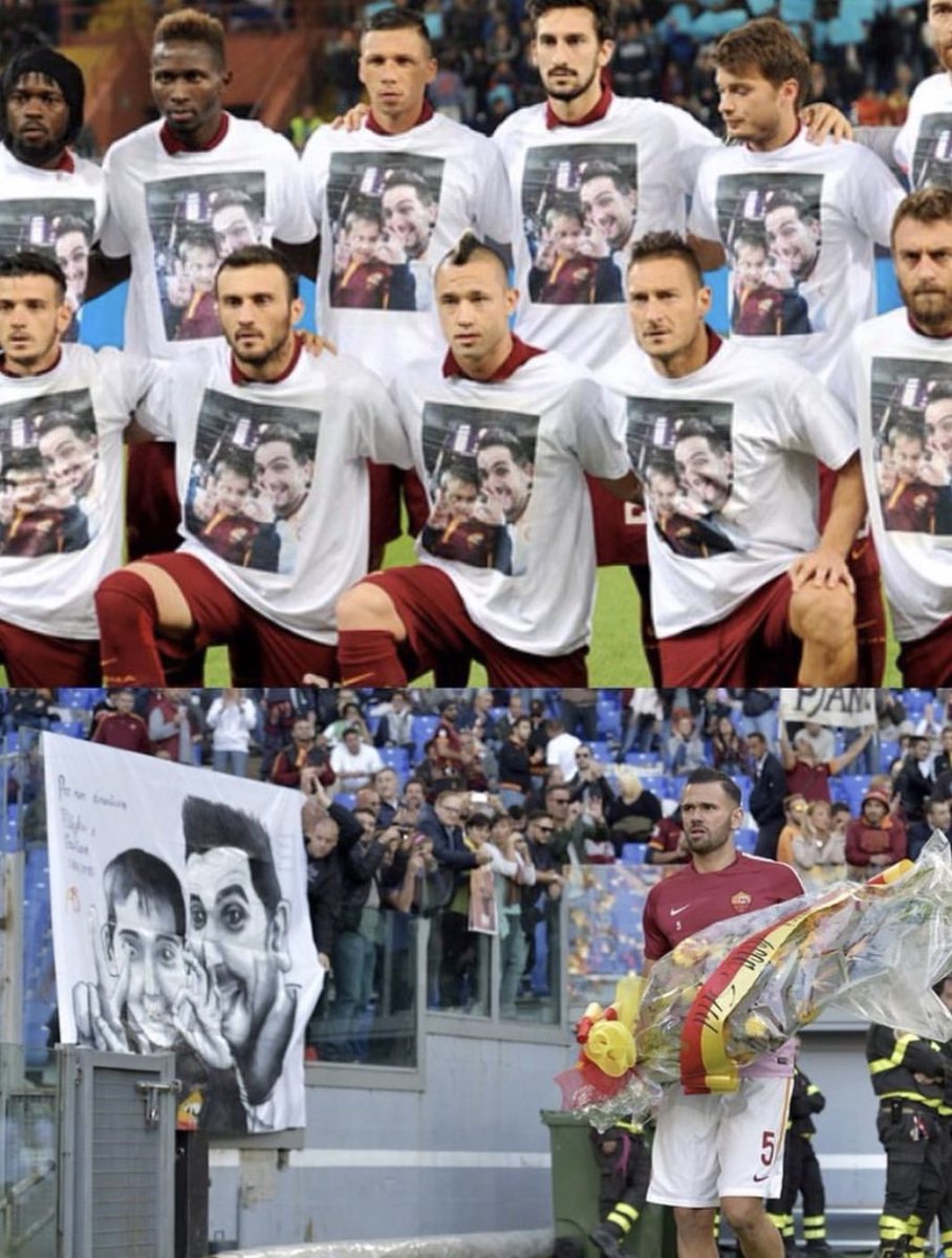 ceciarmy's tweet photo. Esta familia era reconocida por ser muy aficionada del Roma F.C. El padre y el hijo no se perdían un partido. Lamentablemente, después de un partido contra el Bayern, el padre y el hijo fallecieron en un accidente de tráfico. 4 días después, la madre, en recuerdo a su marido y su hijo, acudió al partido de Roma, y todos los jugadores le hicieron un homenaje poniéndose una fotografía de ellos en sus camisetas: