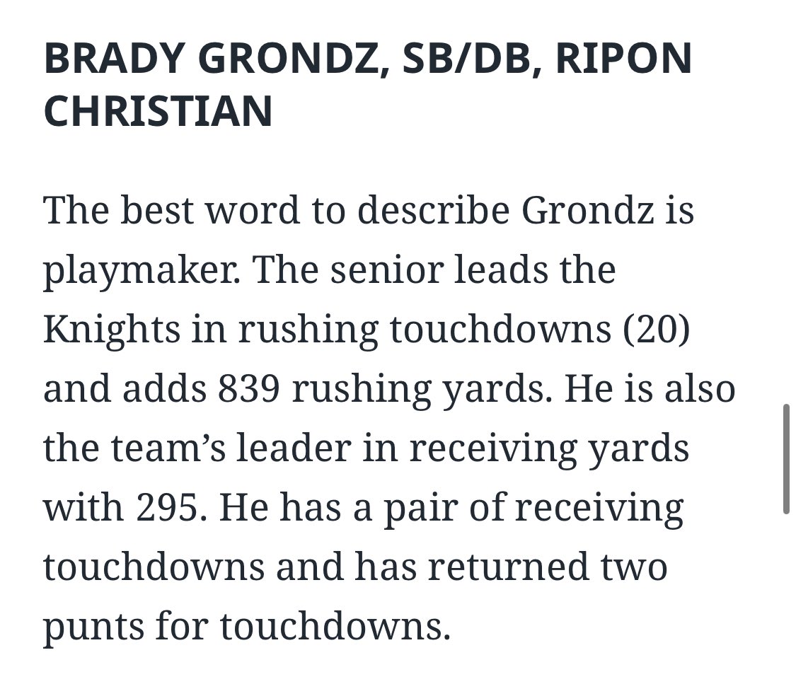Congrats to <a href="/RCKnights/">Ripon Christian Athletics</a> C/O 24 ATH/SB/DB Brady Grondz  <a href="/BGrondz/">Brady Grondz</a> for being recognized in “Best of The Rest Players To Watch” list for   Stanislaus District’s remaining FB players still in the hunt for a Championship! <a href="/rcflycoach/">Phil Grams</a> <a href="/Allaboutthefive/">Eddie Erdelatz</a> <a href="/Quade1095/">Quinton Hamilton</a> <a href="/cifsjs/">CIF Sac-Joaquin Section</a> <a href="/CalHiSports/">Cal-Hi Sports</a> 💨