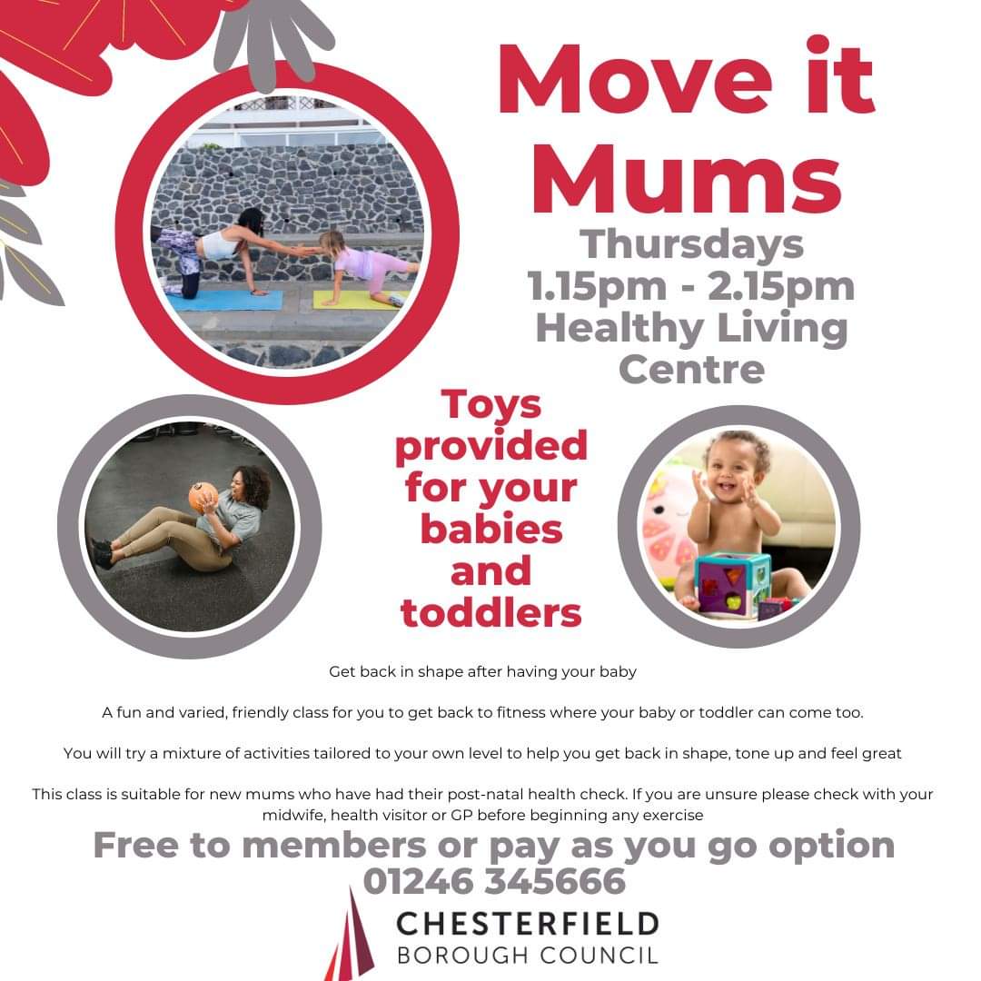 Move it mum's fitness class, Thursday in Chesterfield, Derbyshire. Bring your baby/ toddler/ preschoolers along, and join in with some exercise to suit your level 💪 toys for the children are provided, they can play in a safe environment #breastfeedingfriendly