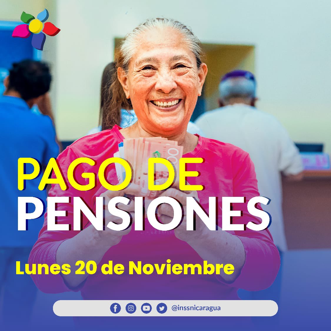 #INSS| Aviso de Pago de Pensiones - Noviembre 2023 📣Es un placer informarle que el próximo 20 de noviembre se realizará el pago correspondiente a su pensión en nuestras Delegaciones y Centros de Pago del Instituto Nicaragüense de Seguridad Social (INSS). #Nicaragua #Noviembre