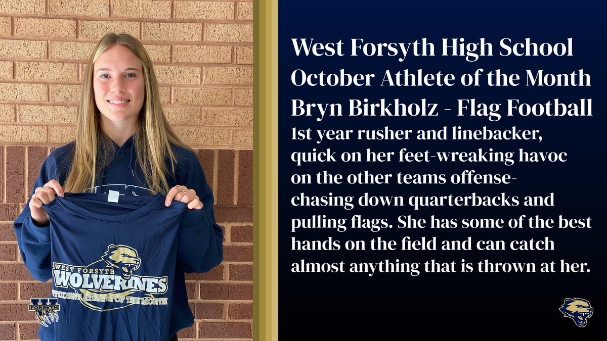 West Forsyth High School Athletics (@wfhsathdept) on Twitter photo Congratulations to Bryn Birkholz for being named Athlete of the Month for Oct for Flag Football! <a href="/WFHS_Flag/">West Forsyth Girls’ Flag Football</a> Congratulations to Bryn Birkholz for being named Athlete of the Month for Oct for Flag Football! <a href="/WFHS_Flag/">West Forsyth Girls’ Flag Football</a>