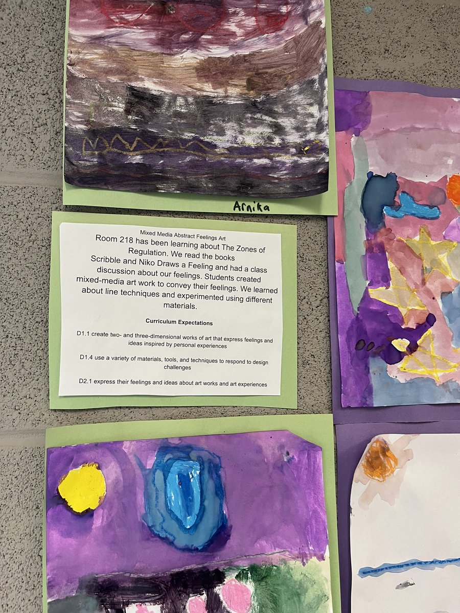 NaomiAngEd's tweet photo. Grade 1 ss have been learning about the zones of regulation. Ss completed mixed media art pieces based on the feelings they feel throughout the day. While working ss discussed how they were feeling and why they express different feelings  @TDSB_MHWB https://t.co/ondR825VK0
