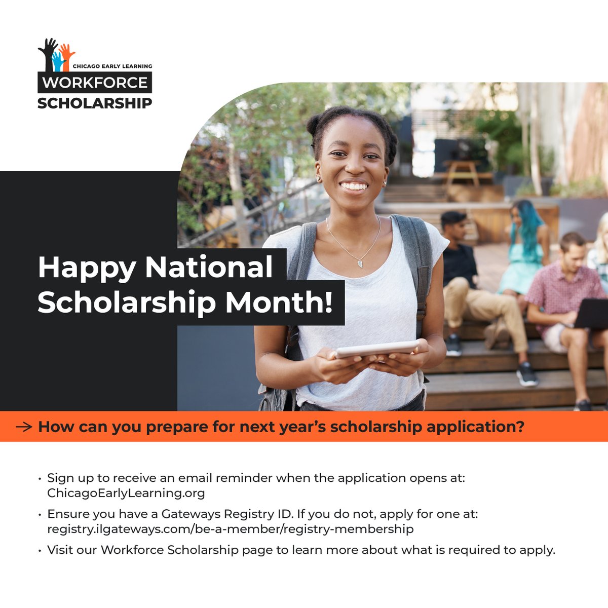 ChicagoLearning's tweet image. It’s National Scholarship Month, and the opening of the 2024 Workforce Scholarship application is fast approaching!

Want to advance your career in early childhood education? Go to cps.edu/ChicagoEarlyLe… to learn how you can get 100% of your tuition covered.  #ECEDegree